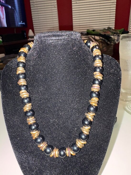 Unbranded Jewelry - Vintage Black Gold Beaded Necklace thrashed, or distressed beads whimsigoth